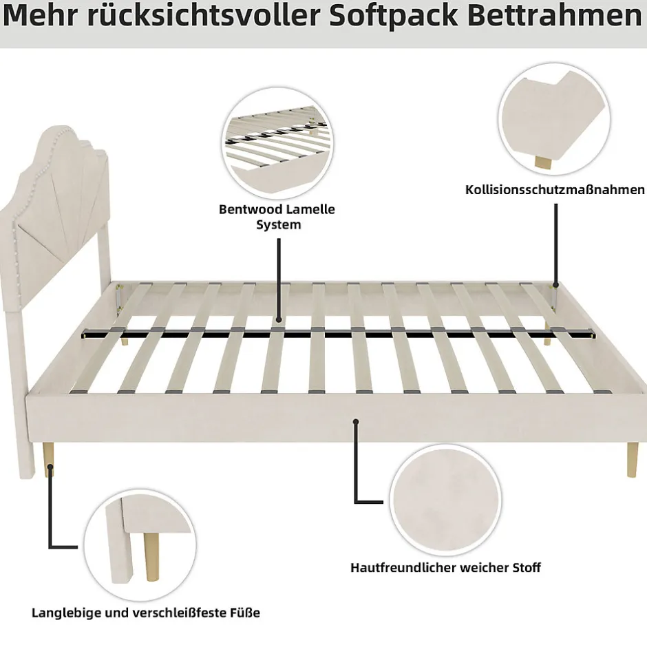 Okwish Lit Double Adulte 160x200 cm - Lit Bas Capitonné Moderne et Confortable, Sans Vérin, Sans Matelas, Tissu Beige