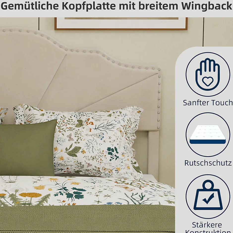 Okwish Lit Double Adulte 160x200 cm - Lit Bas Capitonné Moderne et Confortable, Sans Vérin, Sans Matelas, Tissu Beige