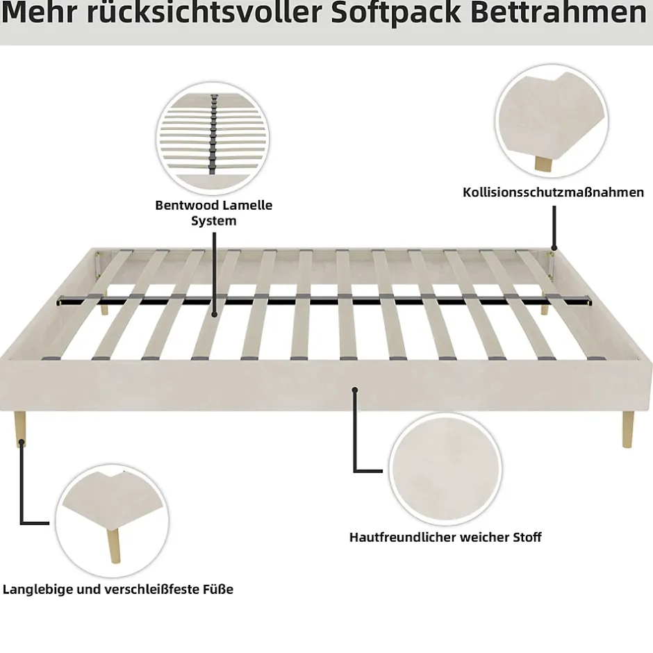 Okwish Lit Double Adulte 160x200 cm - Lit Sans Tête de Lit, Sans Matelas, Velours Moderne et Bas, Cadre Stable en Composite, Beige Sale