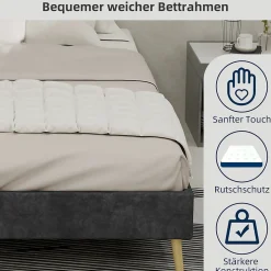 Okwish Lit Double Adulte/Ado 140x200 cm, avec Cadre Bas Moderne et Stable, Design Minimaliste en Velours Hollandais Gris, Sans Matelas Sale