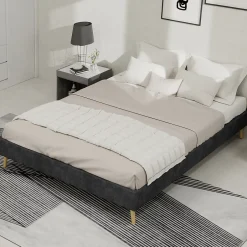 Okwish Lit Double Adulte/Ado 140x200 cm, avec Cadre Bas Moderne et Stable, Design Minimaliste en Velours Hollandais Gris, Sans Matelas Sale
