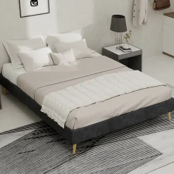 Okwish Lit Double Adulte/Ado 140x200 cm, avec Cadre Bas Moderne et Stable, Design Minimaliste en Velours Hollandais Gris, Sans Matelas Sale