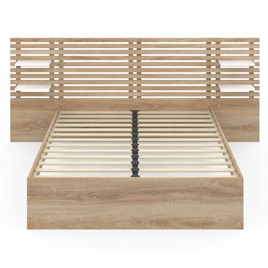 IDMarket Lit double AMALIA avec tête de lit, étagères suspendues et sommier 140 x 190 cm hêtre et blanc New