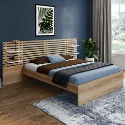 IDMarket Lit double AMALIA avec tête de lit, étagères suspendues et sommier 140 x 190 cm hêtre et blanc New