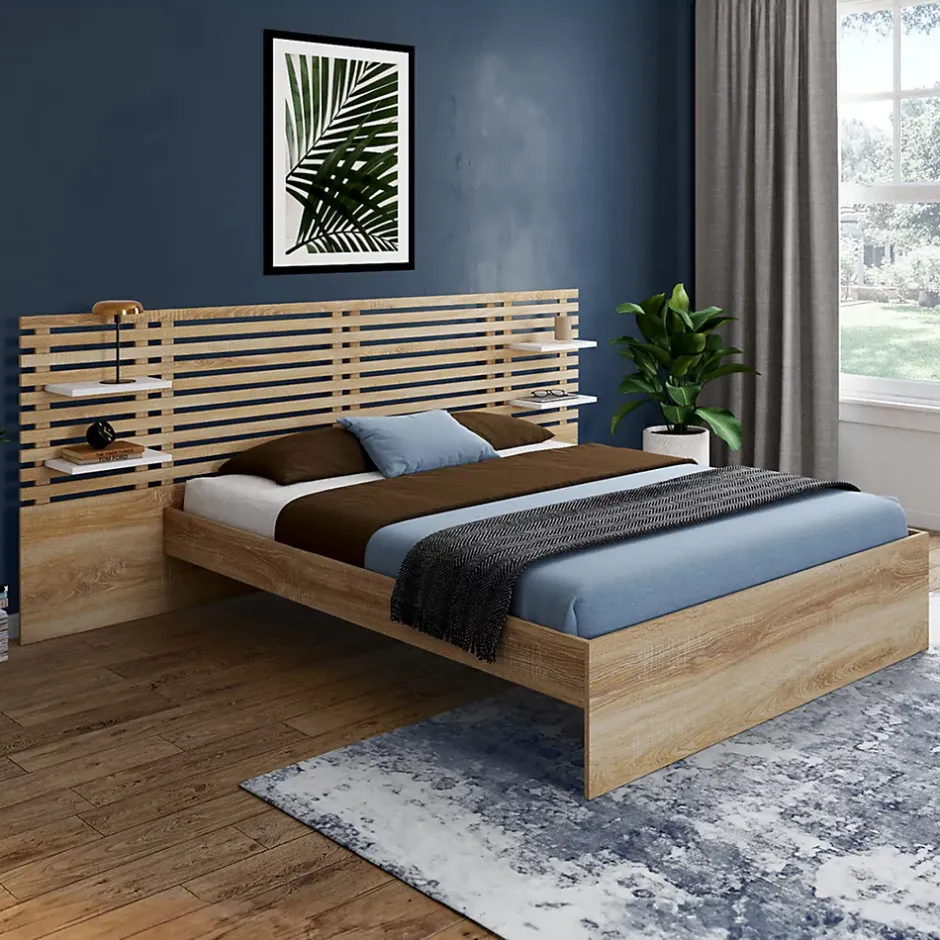 IDMarket Lit double AMALIA avec tête de lit, étagères suspendues et sommier 140 x 190 cm hêtre et blanc New