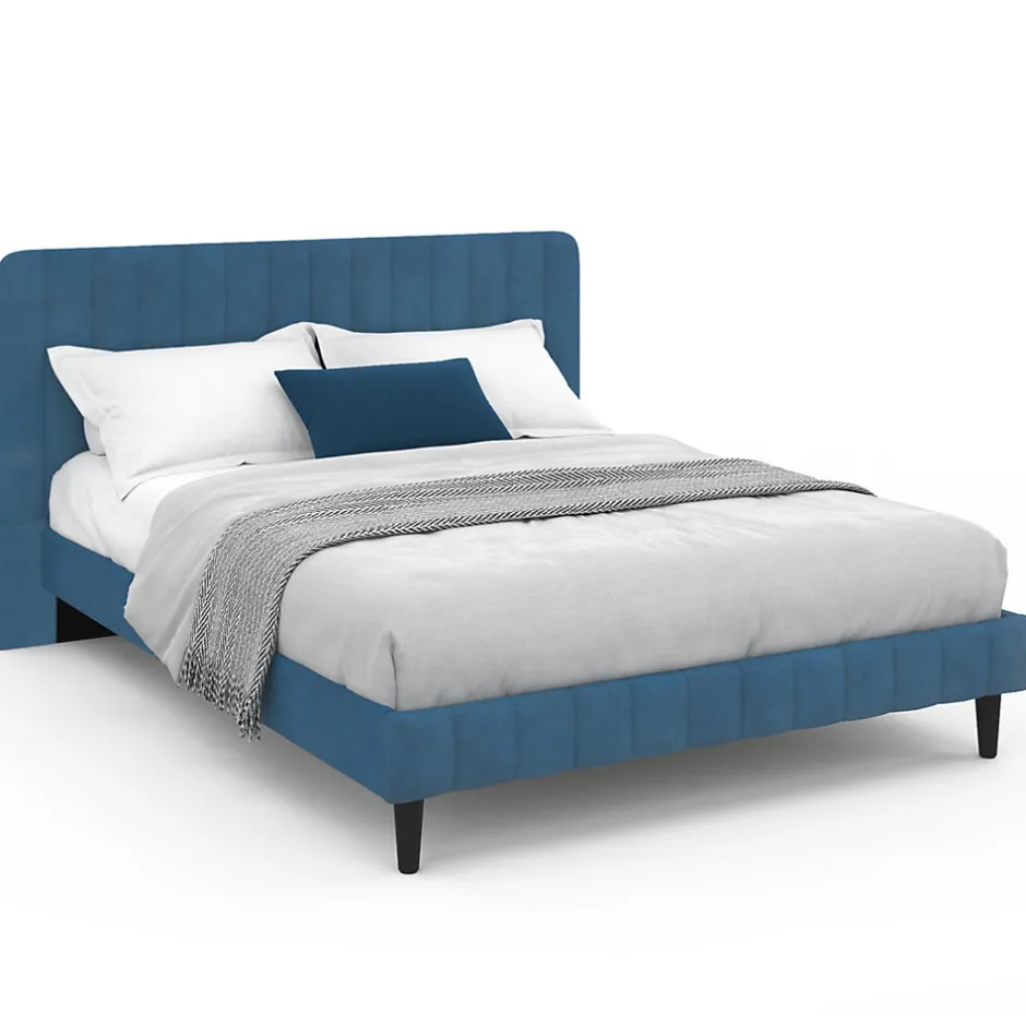 IDMarket Lit double ANNIE avec tête de lit et sommier 140 x 190 cm velours bleu