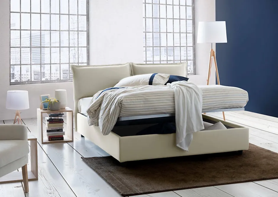 Talamo Italia Lit double Askari, Lit coffre en tissu, Ouverture frontale, Convient pour matelas 140x190 cm, 100% Made in Italy, Beige