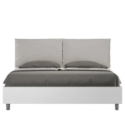 Ityhome Lit double avec rangement, double relevable, 160x200 cm, bois de frêne blanc, coussins simili cuir gris tourterelle, Egos Antea