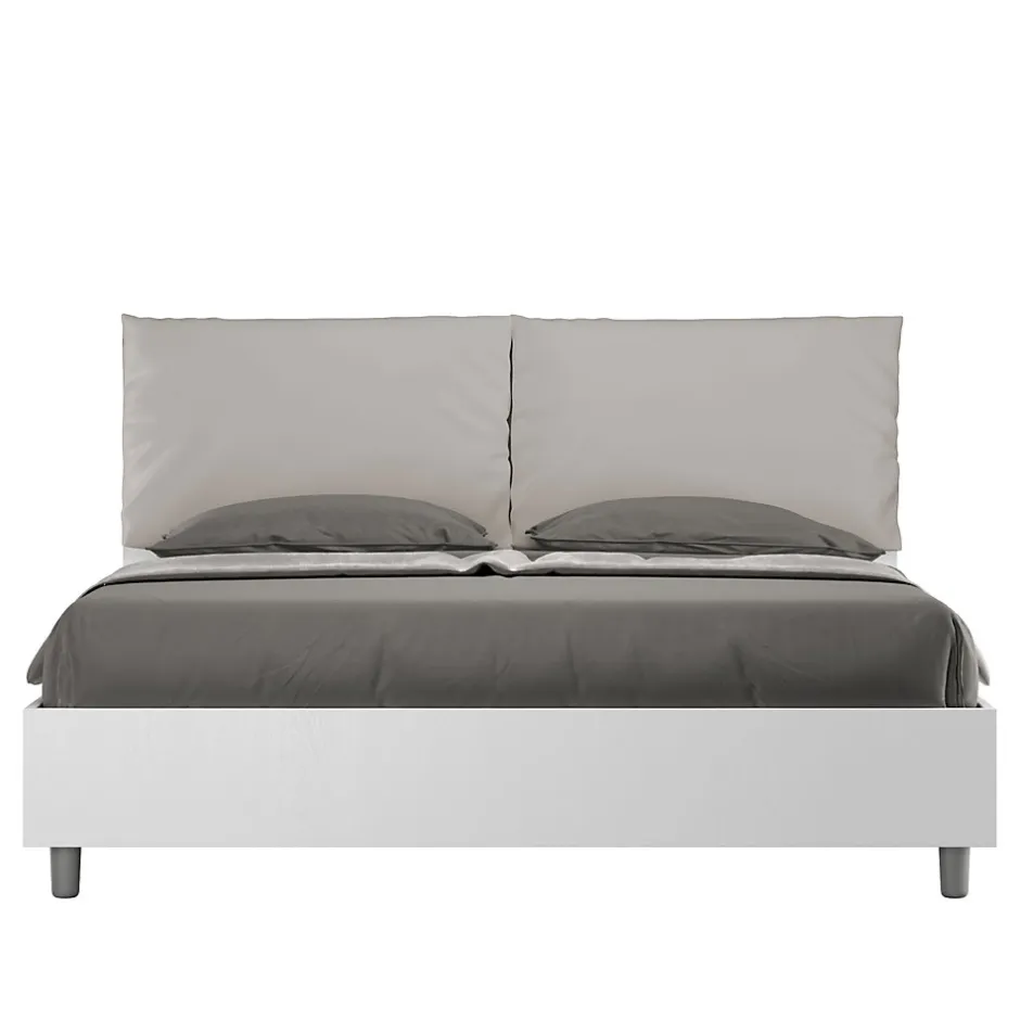 Ityhome Lit double avec rangement, double relevable, 160x200 cm, bois de frêne blanc, coussins simili cuir gris tourterelle, Egos Antea
