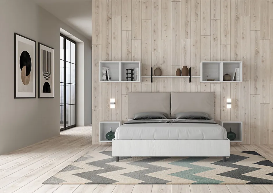 Ityhome Lit double avec rangement, double relevable, 160x200 cm, bois de frêne blanc, coussins simili cuir gris tourterelle, Egos Antea