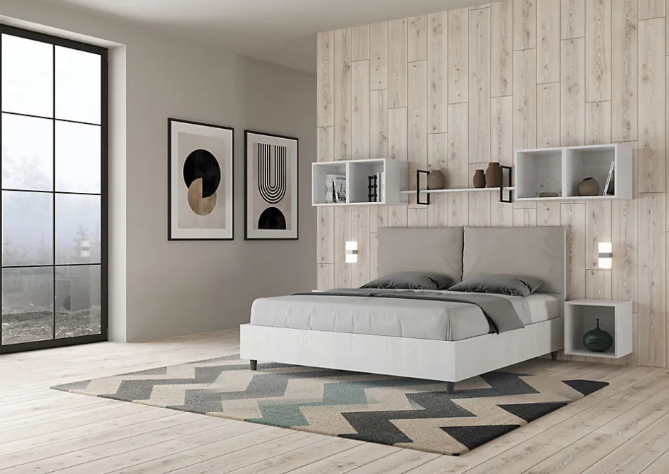 Ityhome Lit double avec rangement, double relevable, 160x200 cm, bois de frêne blanc, coussins simili cuir gris tourterelle, Egos Antea