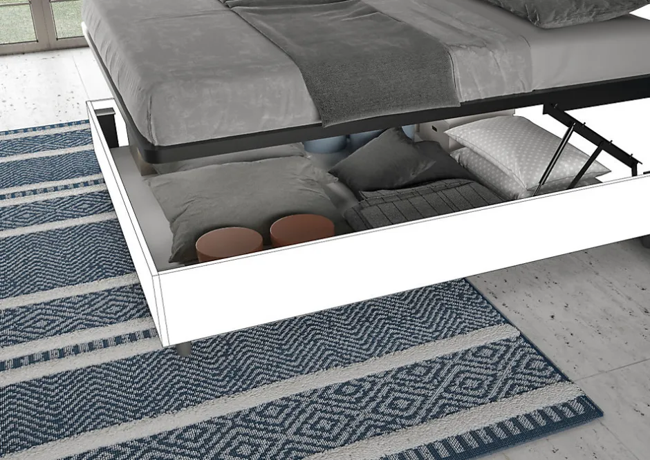 Ityhome Lit double avec rangement, double relevable, 160x200 cm, bois de frêne blanc, coussins simili cuir gris tourterelle, Egos Antea
