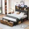 ProximaX Lit double avec tiroirs 140x200 cm, lit coffre avec éclairage LED et USB, tête de lit avec rangements, 2 tiroirs, marron
