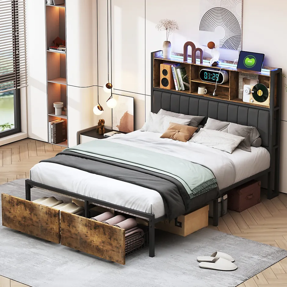 ProximaX Lit double avec tiroirs 140x200 cm, lit coffre avec éclairage LED et USB, tête de lit avec rangements, 2 tiroirs, marron