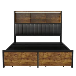 ProximaX Lit double avec tiroirs 140x200 cm, lit coffre avec éclairage LED et USB, tête de lit avec rangements, 2 tiroirs, marron