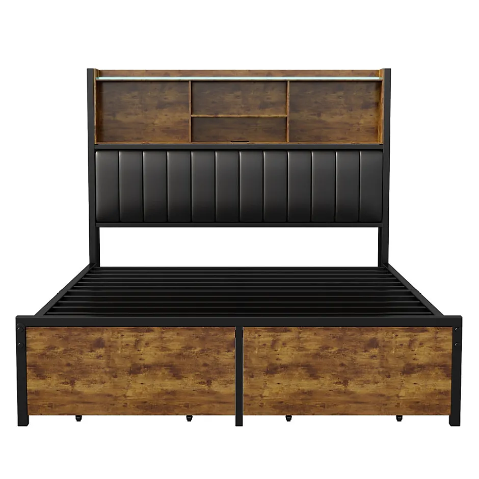 ProximaX Lit double avec tiroirs 140x200 cm, lit coffre avec éclairage LED et USB, tête de lit avec rangements, 2 tiroirs, marron