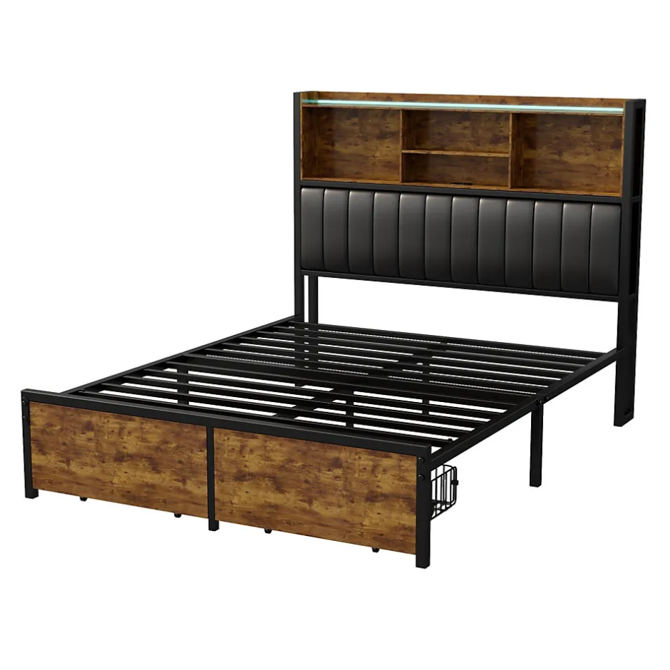 ProximaX Lit double avec tiroirs 140x200 cm, lit coffre avec éclairage LED et USB, tête de lit avec rangements, 2 tiroirs, marron