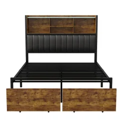 ProximaX Lit double avec tiroirs 140x200 cm, lit coffre avec éclairage LED et USB, tête de lit avec rangements, 2 tiroirs, marron