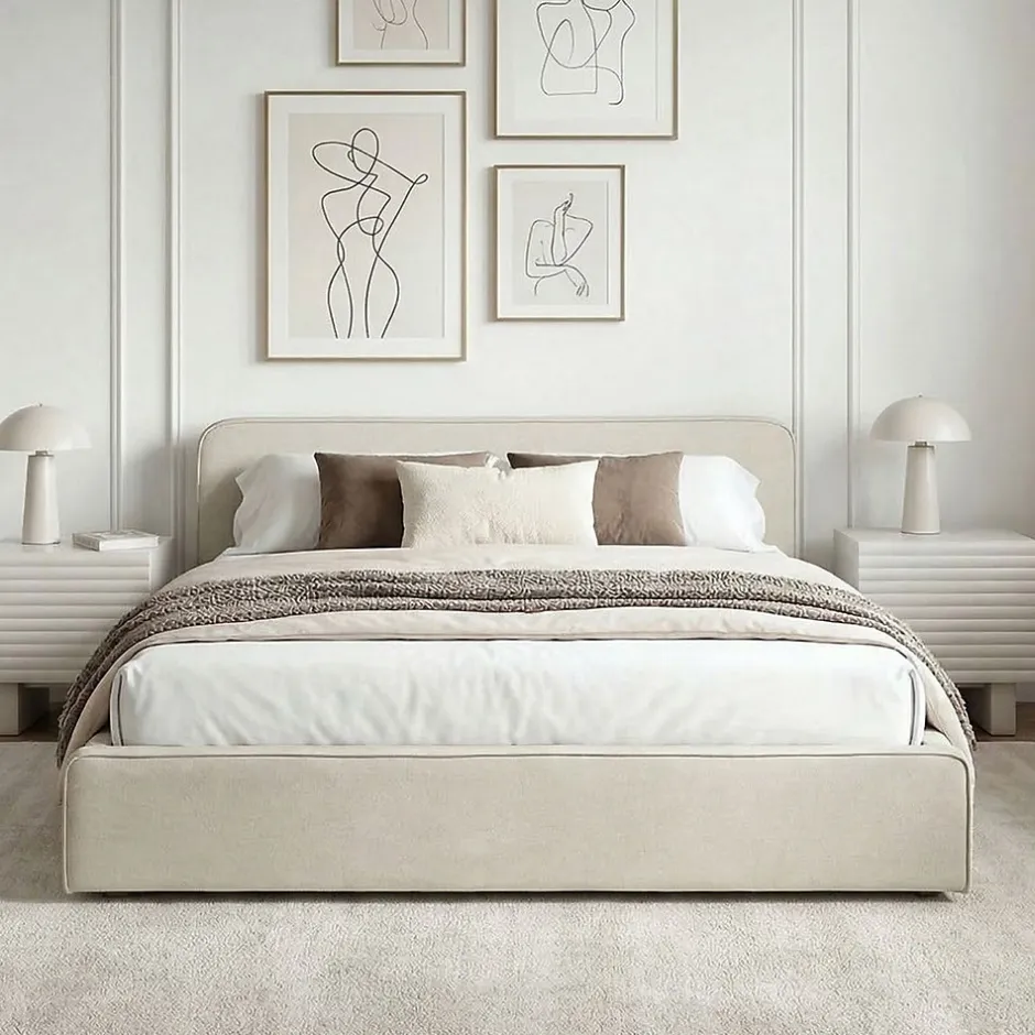 Idimex Lit double BELARTI 140 x 190 cm rembourré, revêtement en tissu - Blanc crème