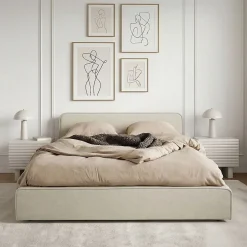 Idimex Lit double BELARTI 140 x 190 cm rembourré, revêtement en tissu - Beige Outlet
