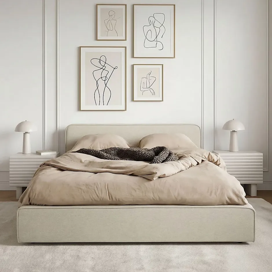 Idimex Lit double BELARTI 140 x 190 cm rembourré, revêtement en tissu - Beige Outlet