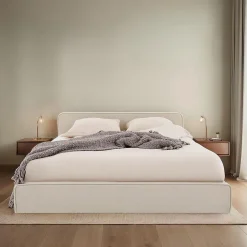 Idimex Lit double BELARTI 140 x 190 cm rembourré, revêtement en tissu - Beige Outlet