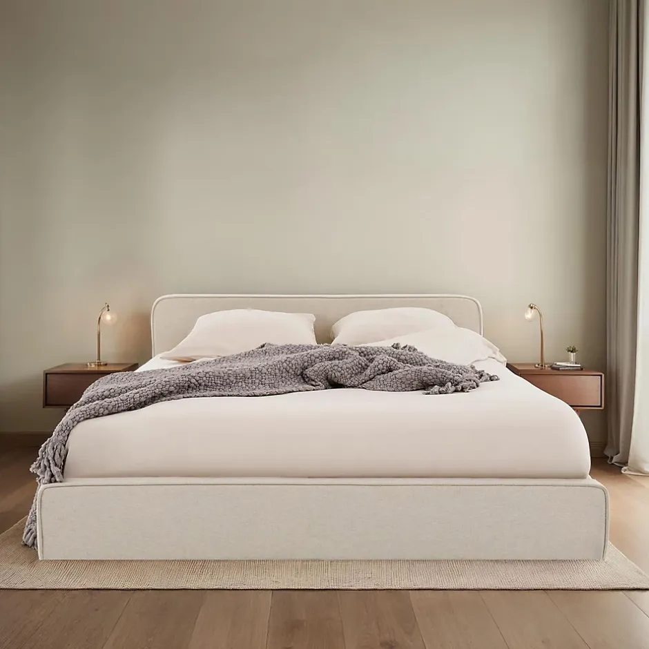 Idimex Lit double BELARTI 140 x 190 cm rembourré, revêtement en tissu - Beige Outlet
