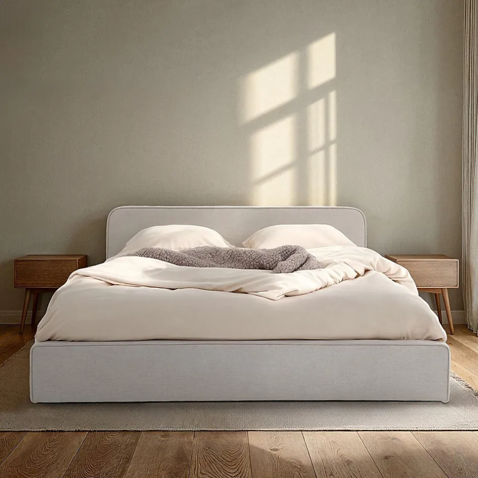 Idimex Lit double BELARTI 140 x 190 cm rembourré, revêtement en tissu - Gris clair