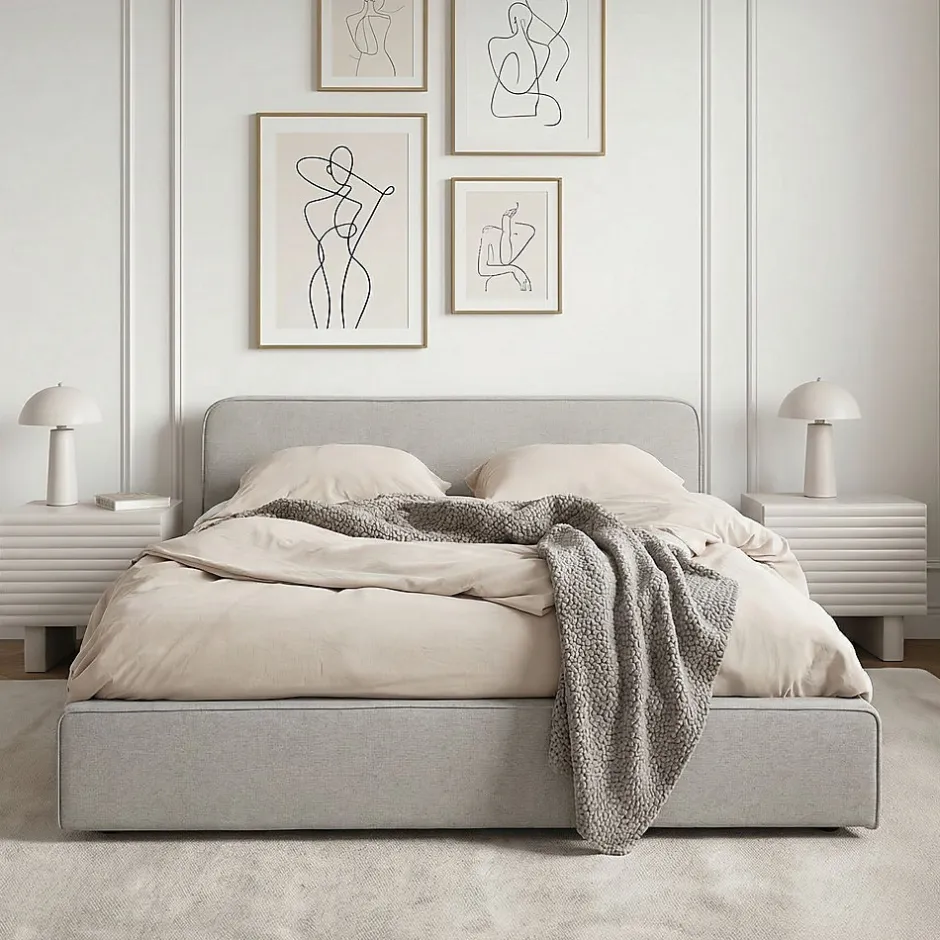 Idimex Lit double BELARTI 140 x 190 cm rembourré, revêtement en tissu - Gris clair