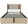 Redom Lit double bois 140 par 200 cm avec tete de lit rangement prise USB et Type C systeme hydraulique sans matelas