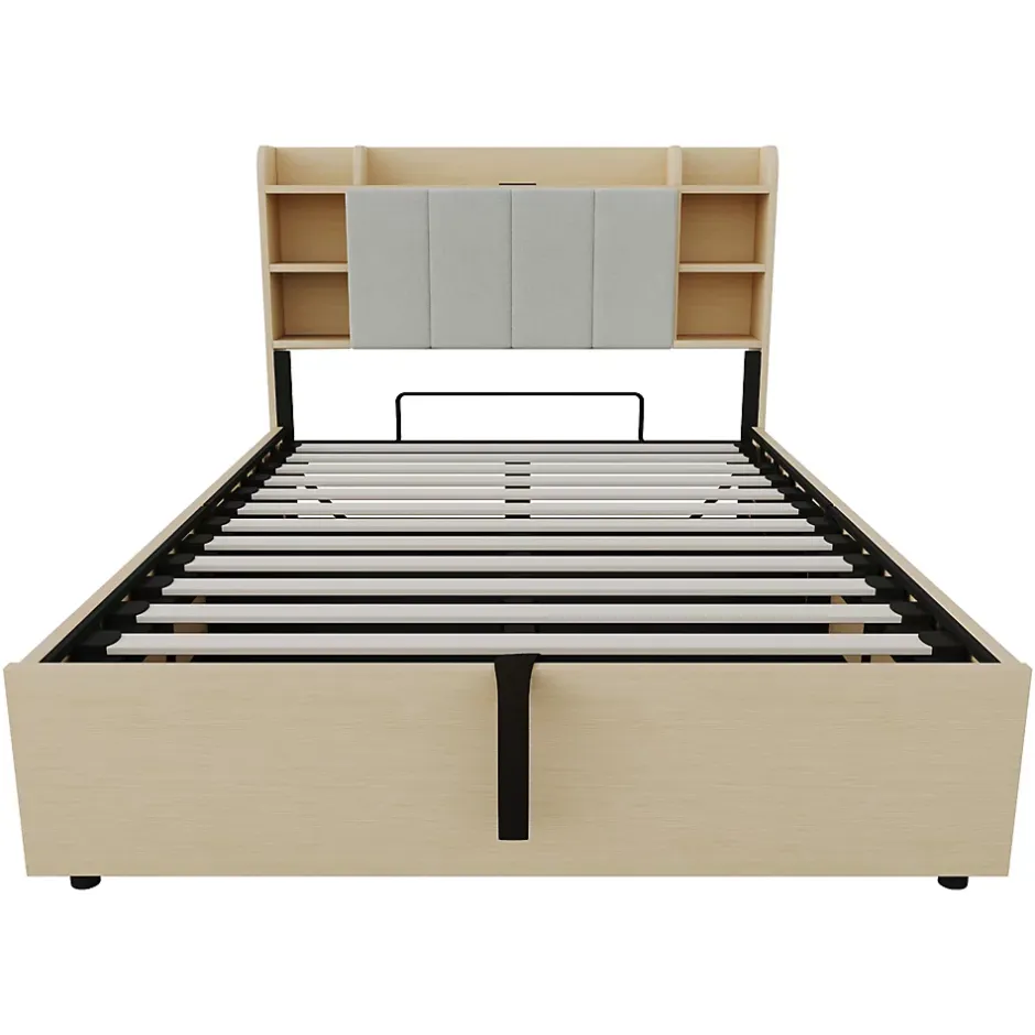 Redom Lit double bois 140 par 200 cm avec tete de lit rangement prise USB et Type C systeme hydraulique sans matelas