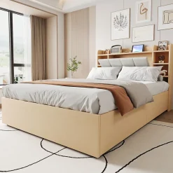 Redom Lit double bois 140 par 200 cm avec tete de lit rangement prise USB et Type C systeme hydraulique sans matelas