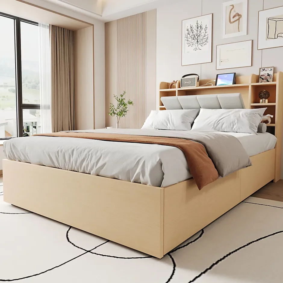 Redom Lit double bois 140 par 200 cm avec tete de lit rangement prise USB et Type C systeme hydraulique sans matelas