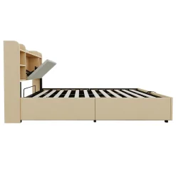 Redom Lit double bois 140 par 200 cm avec tete de lit rangement prise USB et Type C systeme hydraulique sans matelas