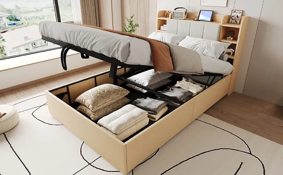 Redom Lit double bois 140 par 200 cm avec tete de lit rangement prise USB et Type C systeme hydraulique sans matelas
