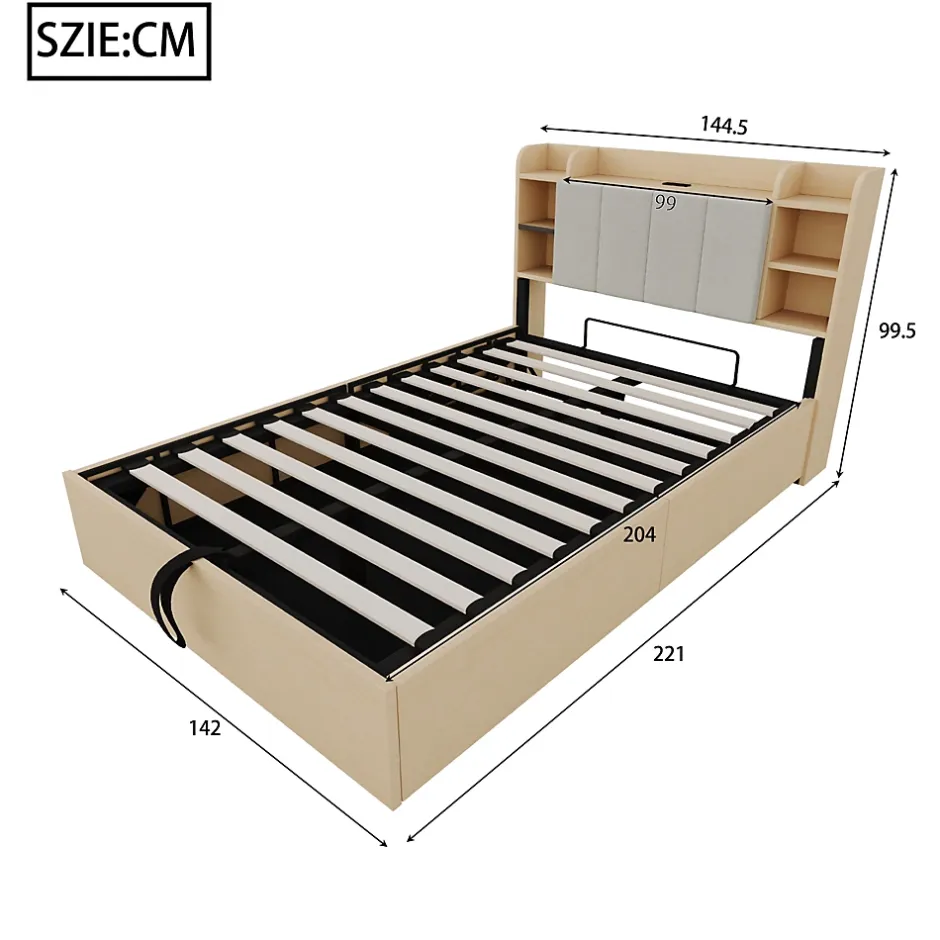 Redom Lit double bois 140 par 200 cm avec tete de lit rangement prise USB et Type C systeme hydraulique sans matelas