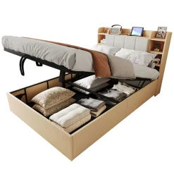Redom Lit double bois 140 par 200 cm avec tete de lit rangement prise USB et Type C systeme hydraulique sans matelas