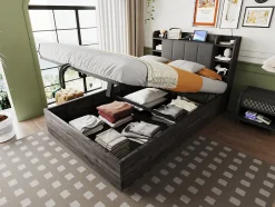 Redom Lit double bois gris 140 par 200 cm avec tete de lit rangement prise USB et Type C systeme hydraulique sans matelas