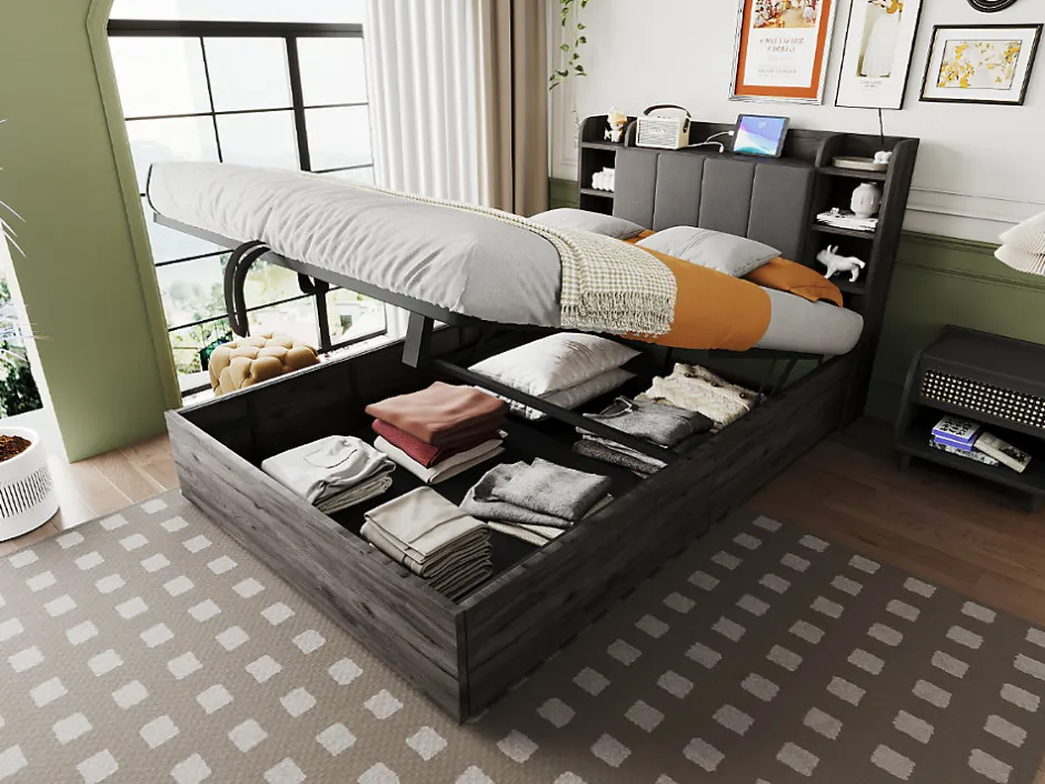 Redom Lit double bois gris 140 par 200 cm avec tete de lit rangement prise USB et Type C systeme hydraulique sans matelas