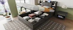 Redom Lit double bois gris 140 par 200 cm avec tete de lit rangement prise USB et Type C systeme hydraulique sans matelas