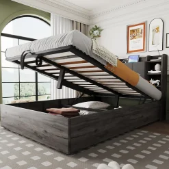 Redom Lit double bois gris 140 par 200 cm avec tete de lit rangement prise USB et Type C systeme hydraulique sans matelas