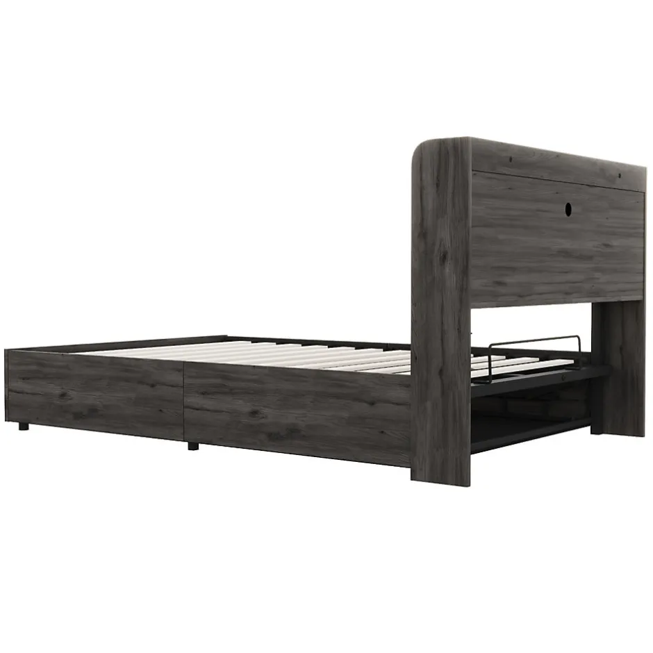 Redom Lit double bois gris 140 par 200 cm avec tete de lit rangement prise USB et Type C systeme hydraulique sans matelas