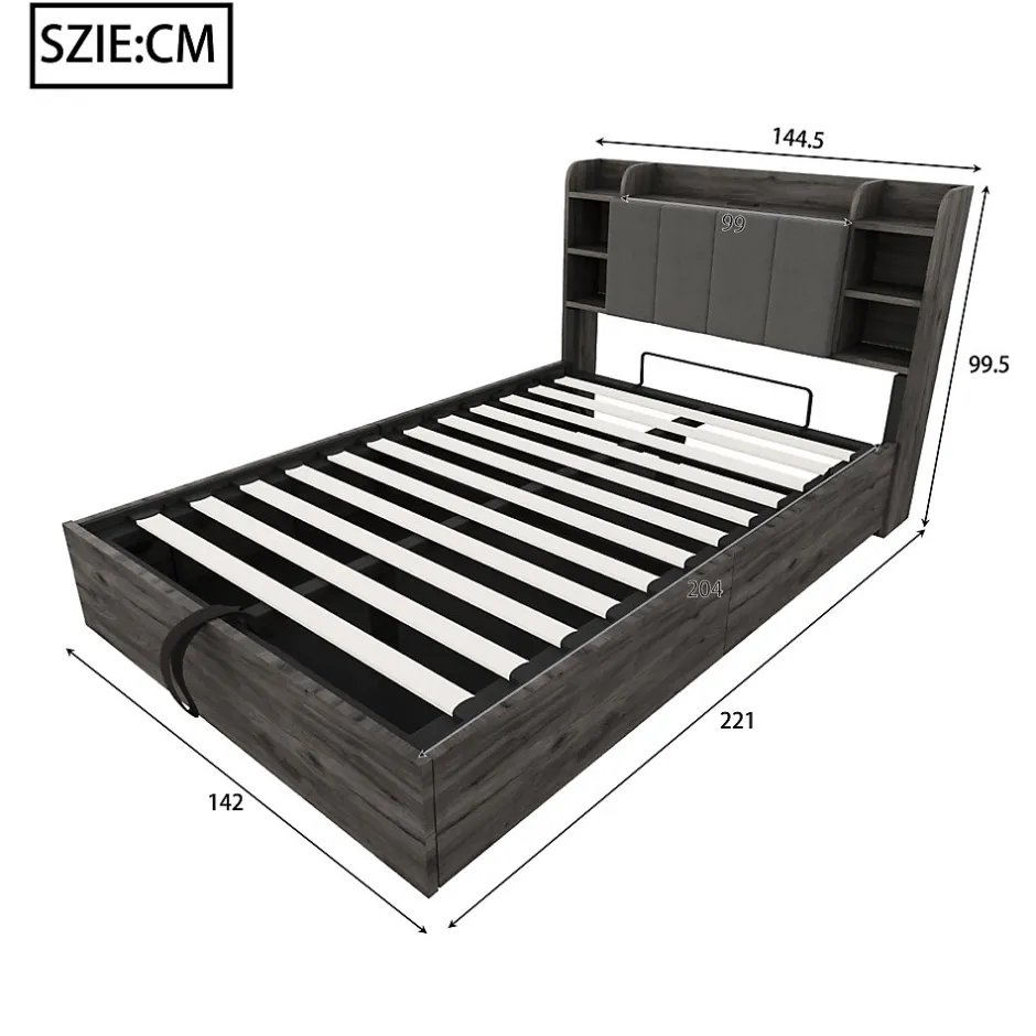 Redom Lit double bois gris 140 par 200 cm avec tete de lit rangement prise USB et Type C systeme hydraulique sans matelas