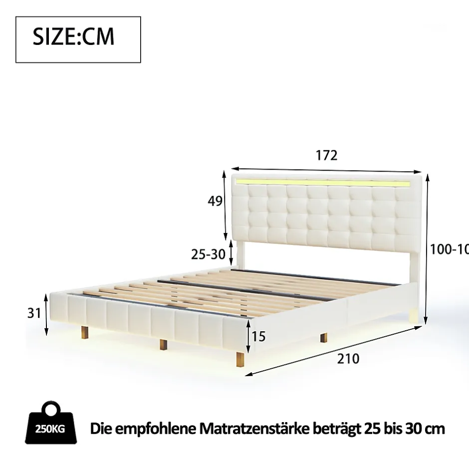 Simple Life Lit Double Capitonné 160 X 200 Cm, Cadre De Lit Flottant, Rembourré, Avec LED, Lin, Beige Outlet