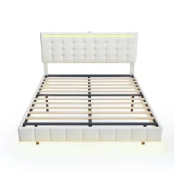 Simple Life Lit Double Capitonné 160 X 200 Cm, Cadre De Lit Flottant, Rembourré, Avec LED, Lin, Beige Outlet