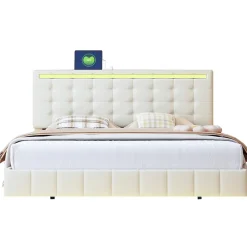 Simple Life Lit Double Capitonné 160 X 200 Cm, Cadre De Lit Flottant, Rembourré, Avec LED, Lin, Beige Outlet