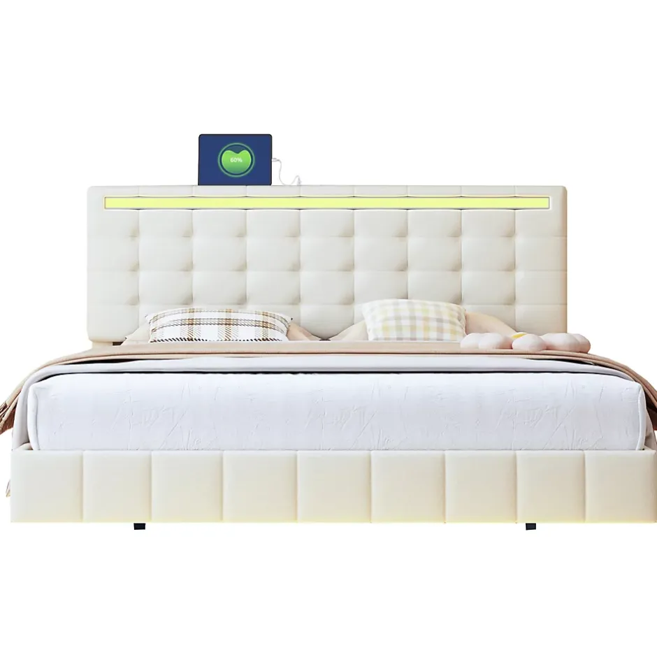 Simple Life Lit Double Capitonné 160 X 200 Cm, Cadre De Lit Flottant, Rembourré, Avec LED, Lin, Beige Outlet