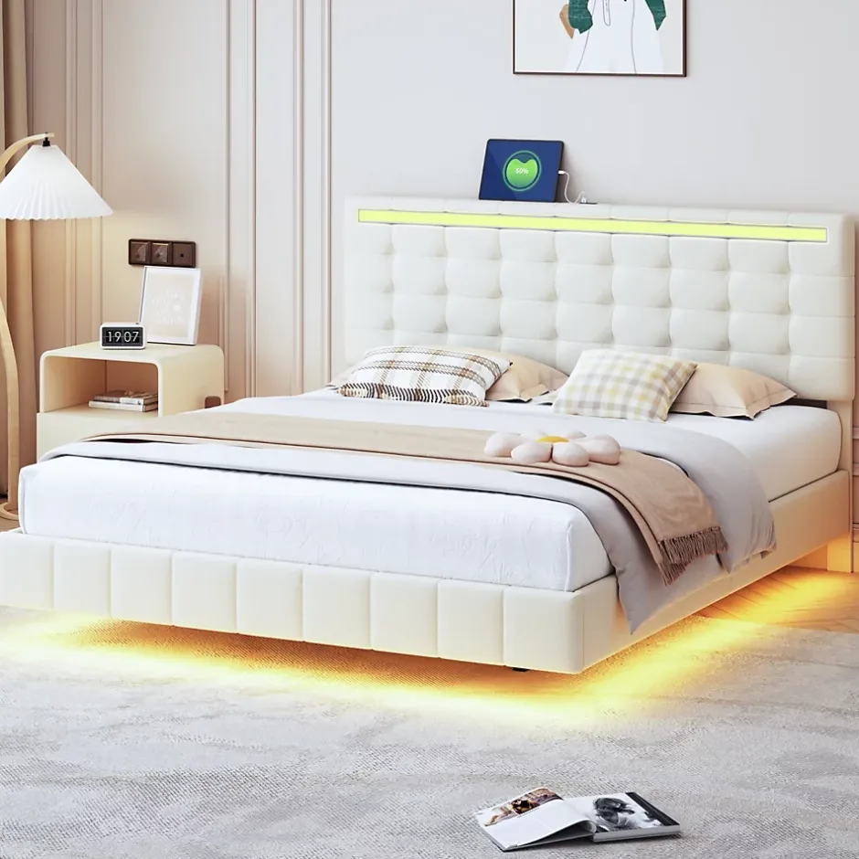 Simple Life Lit Double Capitonné 160 X 200 Cm, Cadre De Lit Flottant, Rembourré, Avec LED, Lin, Beige Outlet