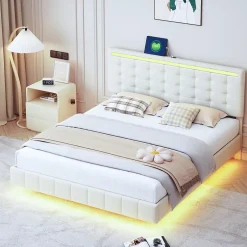 Simple Life Lit Double Capitonné 160 X 200 Cm, Cadre De Lit Flottant, Rembourré, Avec LED, Lin, Beige Outlet
