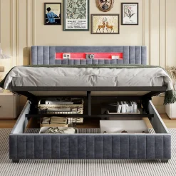 Fortuna lai Lit Double Capitonné 160 X 200 Cm Avec Tête De Lit LED, Rangement, Sommier à Lattes En Bois, Gris Outlet